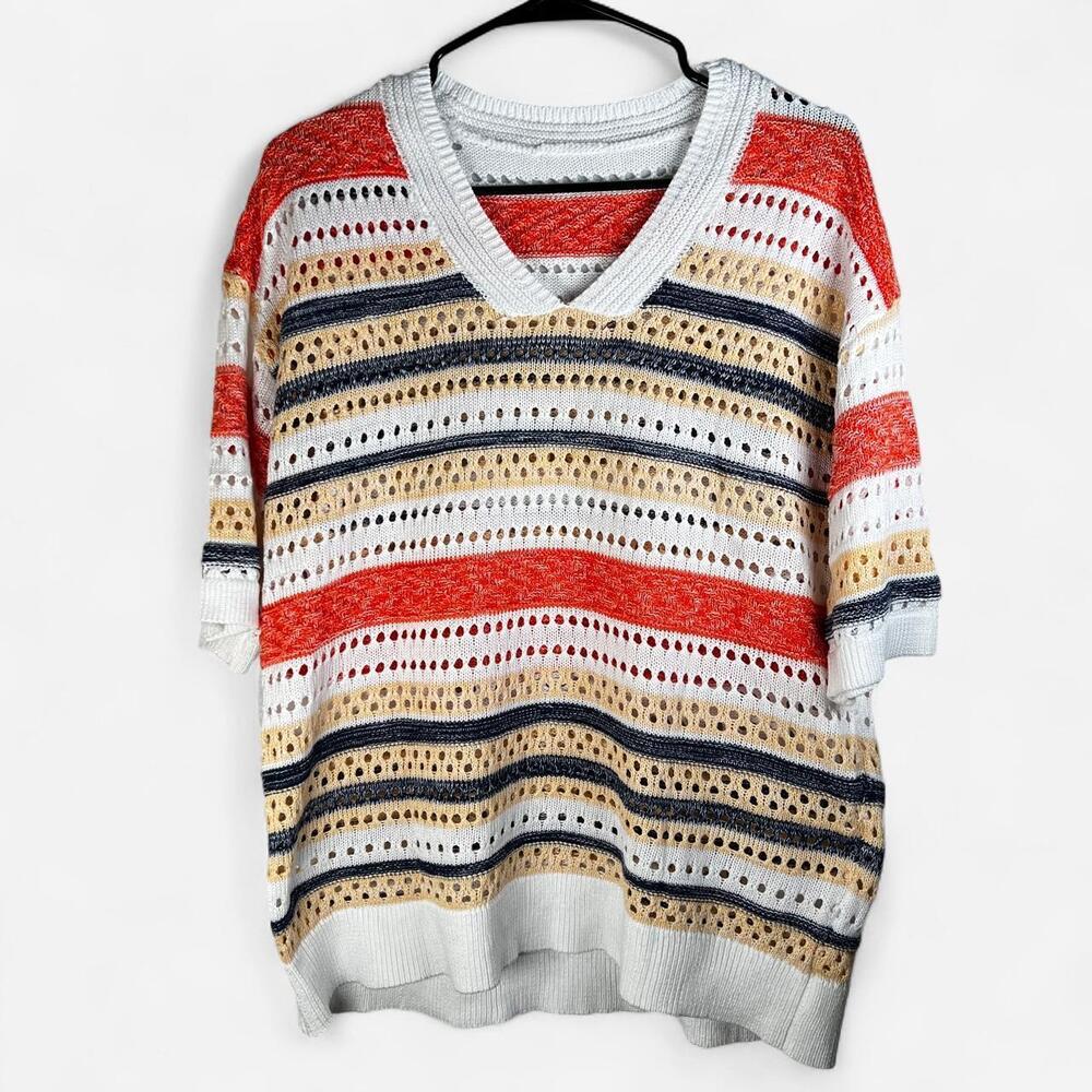 Women's Striped Open Knit V-Neck Short Sleeve Sweater - Size Large